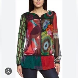 Desigual Abstract Y2K Multicolor Sheer Button-Up Women's Top Large